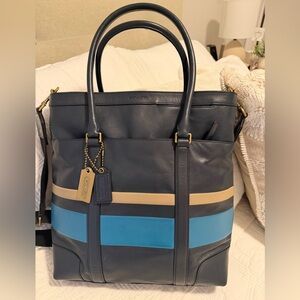 Coach Bleeker Bar Stripe Blue/Black/Tan/Teal Leather Computer Tote Unisex